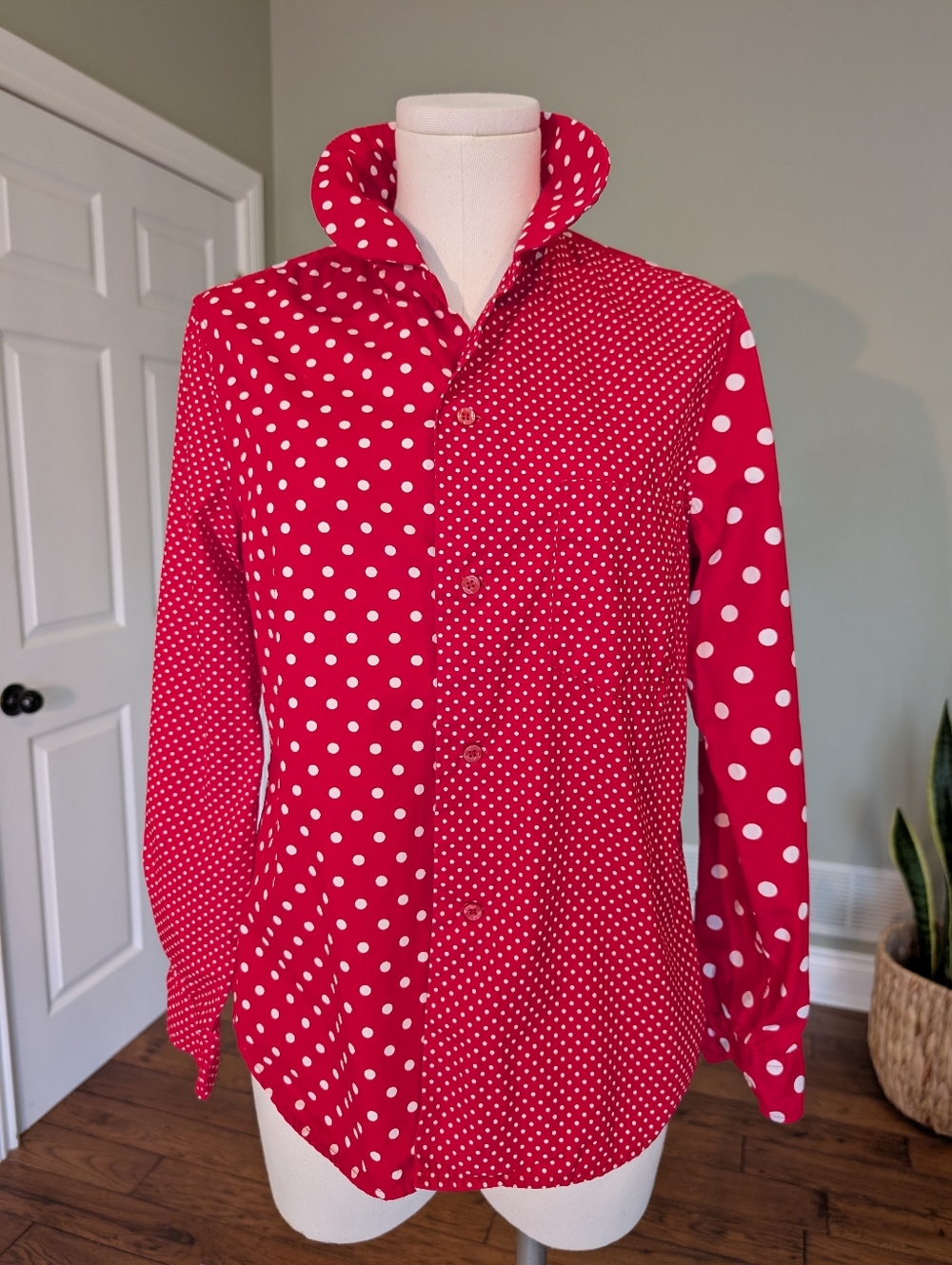 Polka Dot Women's Red Button Up Shirt Retro Cotton Statement Top Size XL Fits M